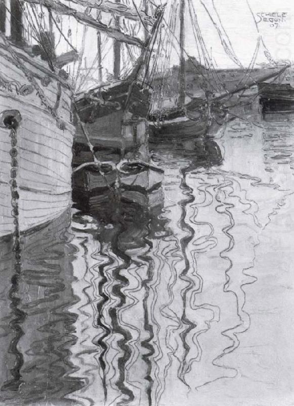 Sailing-ships in trieste harbour, Egon Schiele